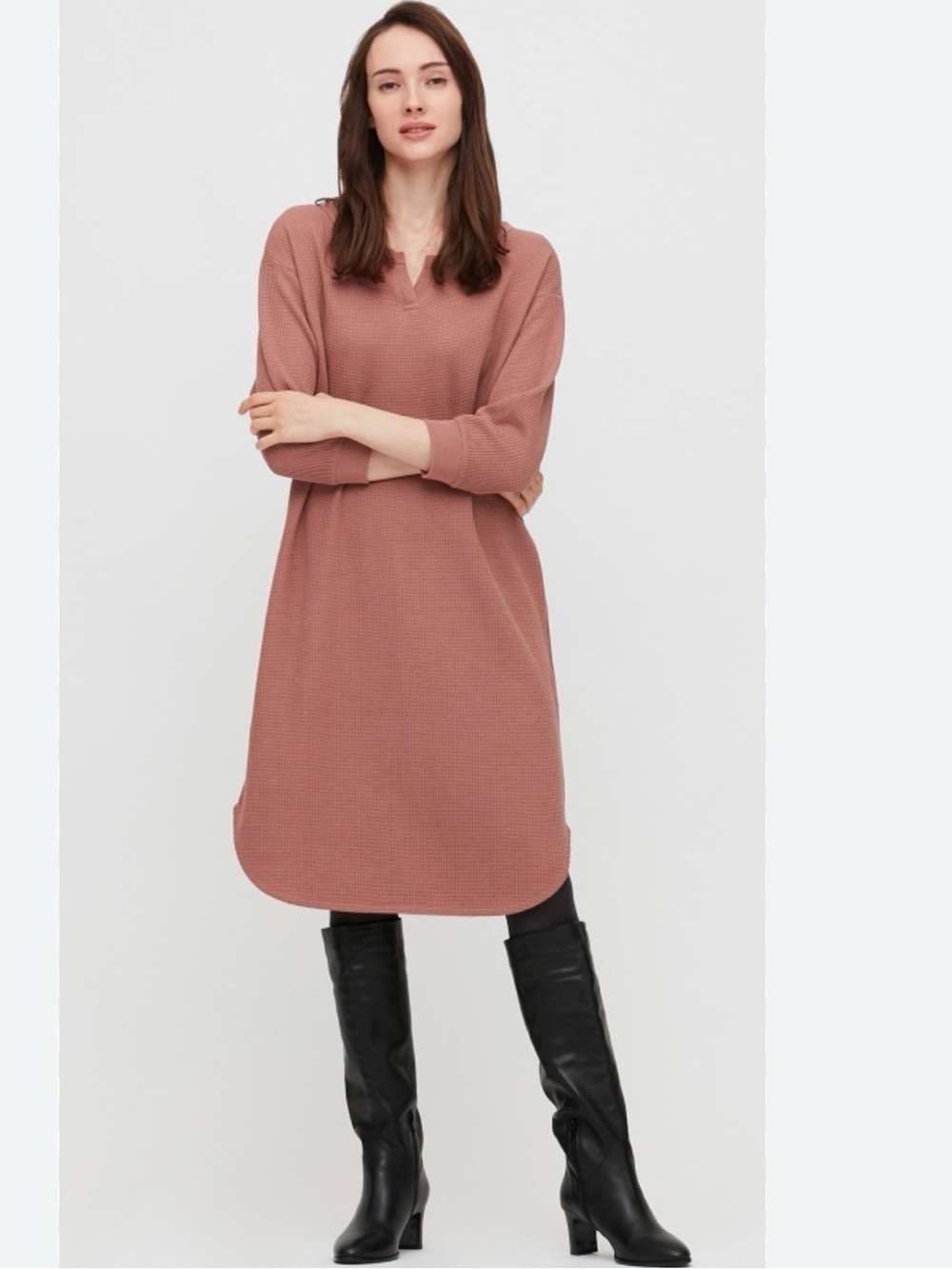 Uniqlo S waffle key neck cotton blend rose midi length long sleeve casual dress